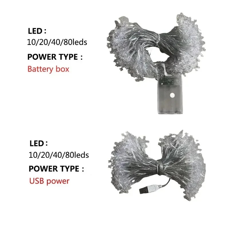 10/20/40leds natal luz de fadas corda usb/bateria alimentado árvore de natal feriado decoração de ano novo floco de neve luz corda