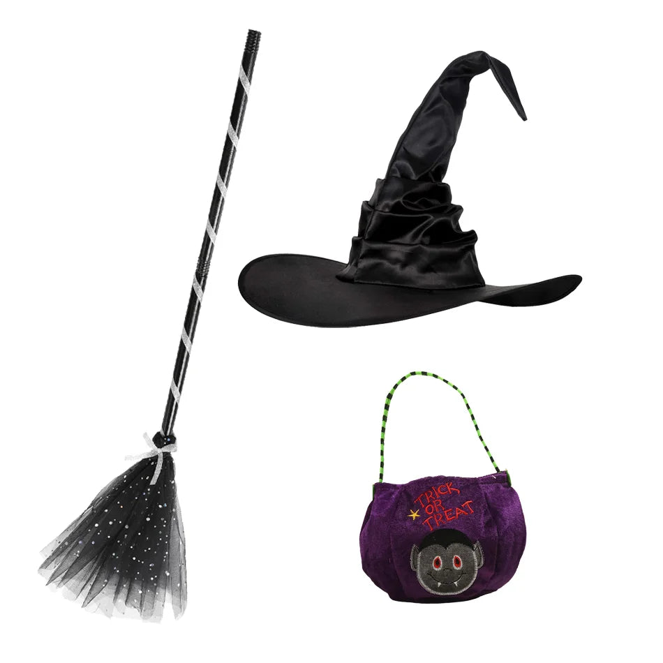 Vestido clássico de bruxa preta para meninas, fantasia de halloween com chapéu pontudo e acessórios de vassoura, fantasia de bruxa elegante para meninas