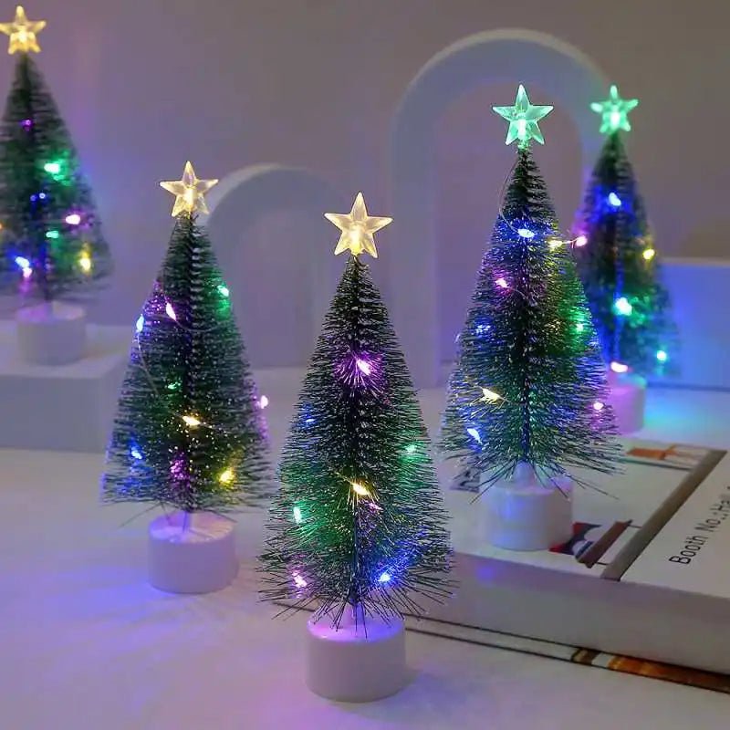 Luminoso mini árvores de natal luzes led decoração para casa velas eletrônicas presentes das crianças ano novo festa de natal ornamento