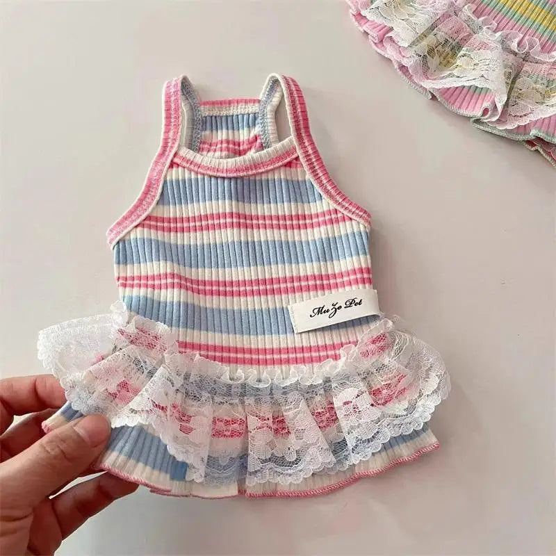 Pet primavera listrado cinta superior cão gato roupas bonito princesa saia pequeno cão teddy colete fino topo filhote de cachorro roupas