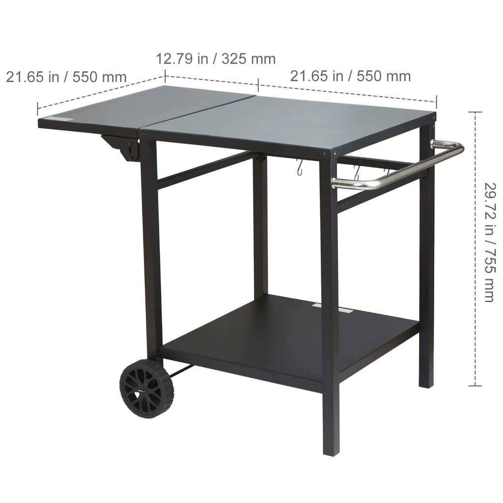 SucceBuy Mesa de carrinho de jantar com prateleira dupla Mesa de comida móvel para churrasco Suporte dobrável para forno de pizza Tampo de mesa de ferro/aço inoxidável