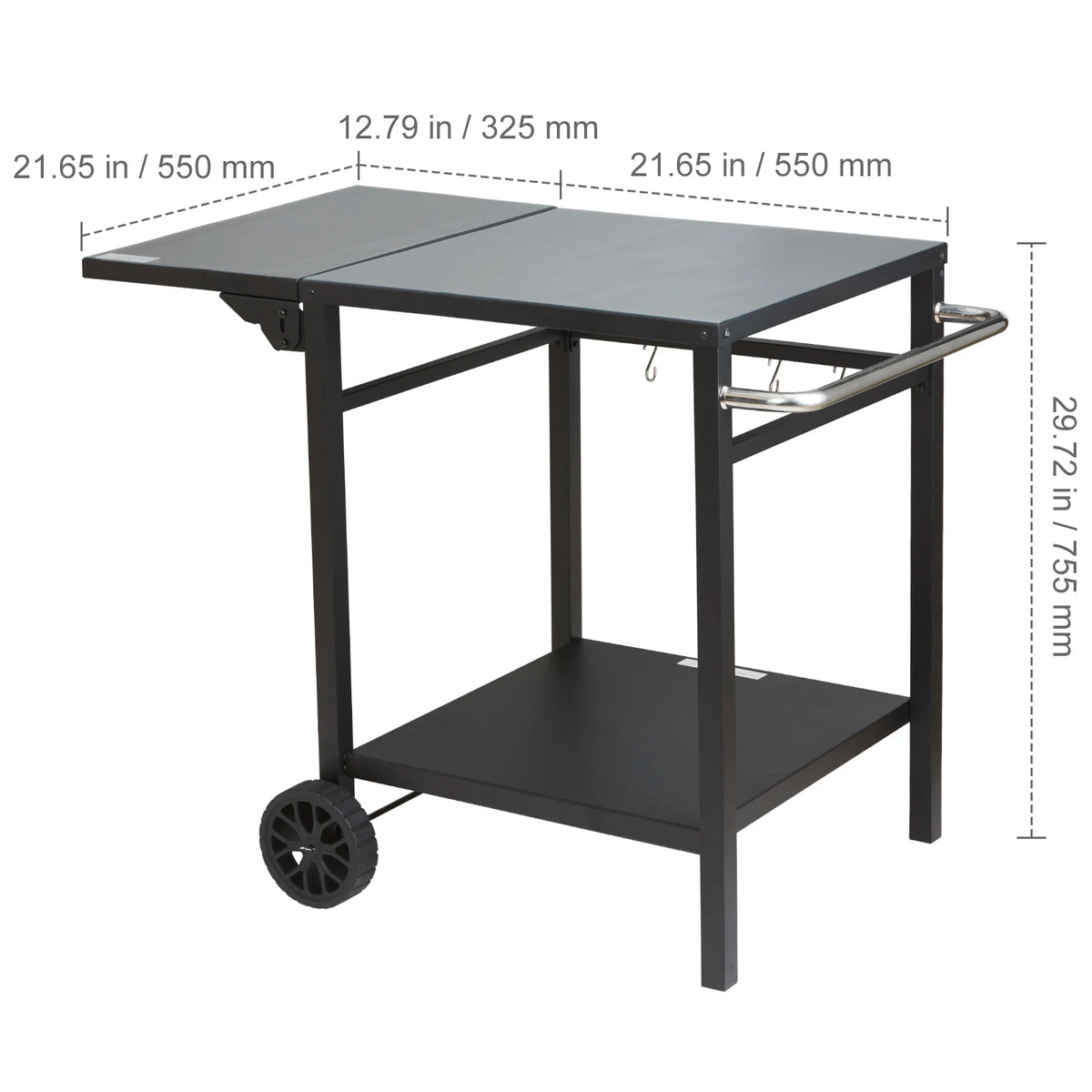 SucceBuy Mesa de carrinho de jantar com prateleira dupla Mesa de comida móvel para churrasco Suporte dobrável para forno de pizza Tampo de mesa de ferro/aço inoxidável