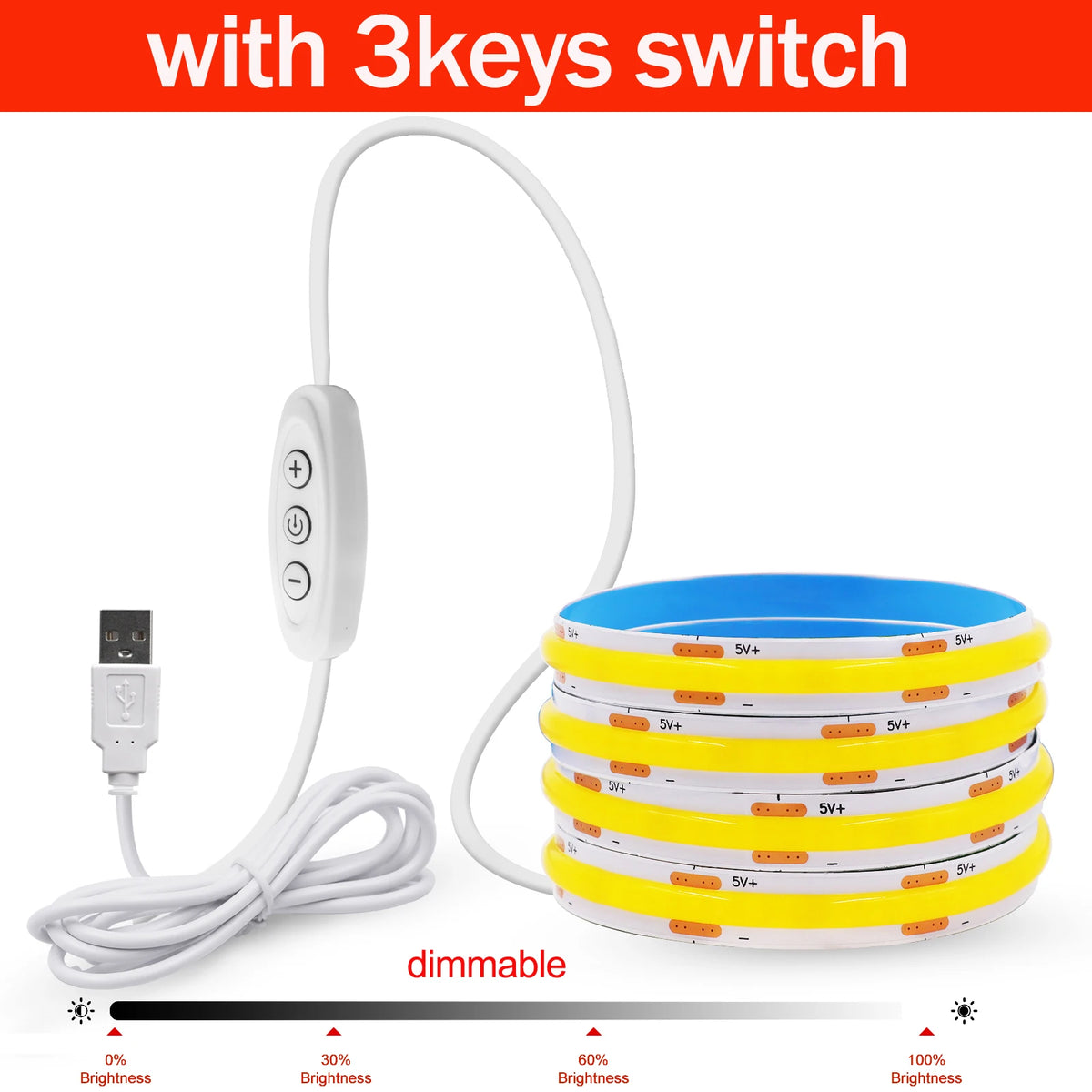 Dimmable COB LED Strip Light, Fita com interruptor ON OFF, Iluminação Linear de Alta Densidade, Fita Adesiva, USB, Flexível, 320LEDs, 5V
