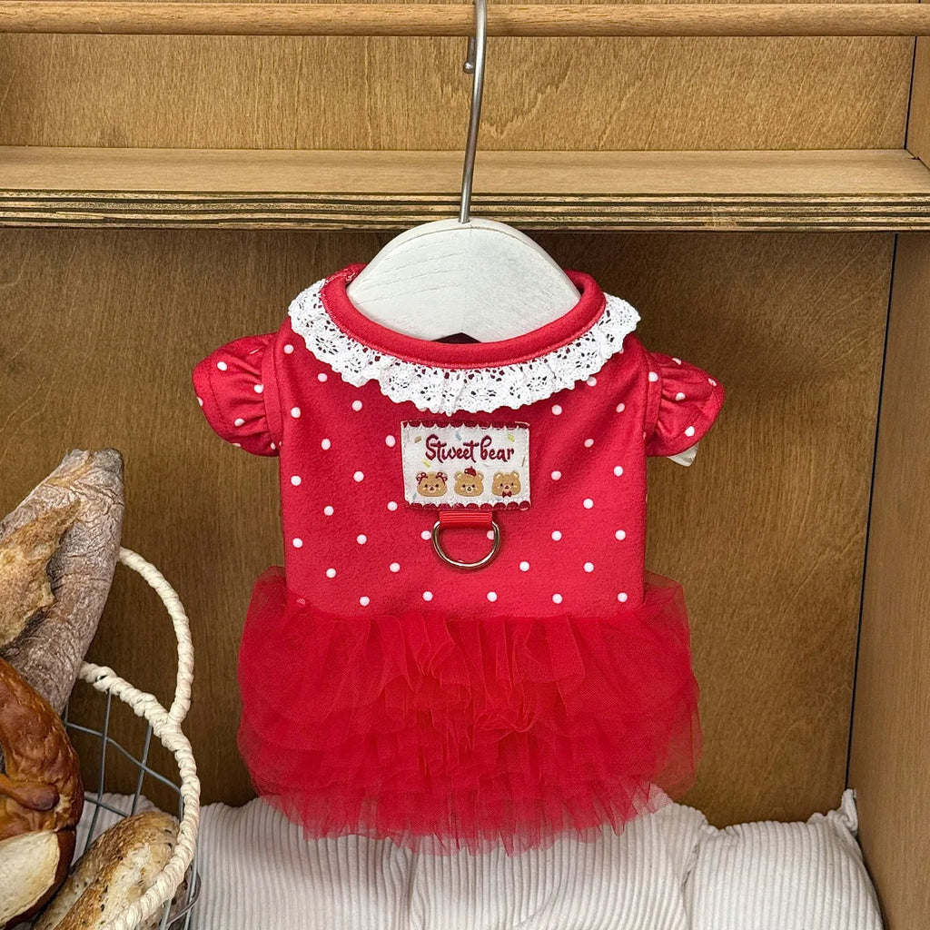 Camiseta de Primavera para Pets, Vestido Princesa Vermelho com Bolinhas, Colete de Renda Fofo para Cães Pequenos e Filhotes