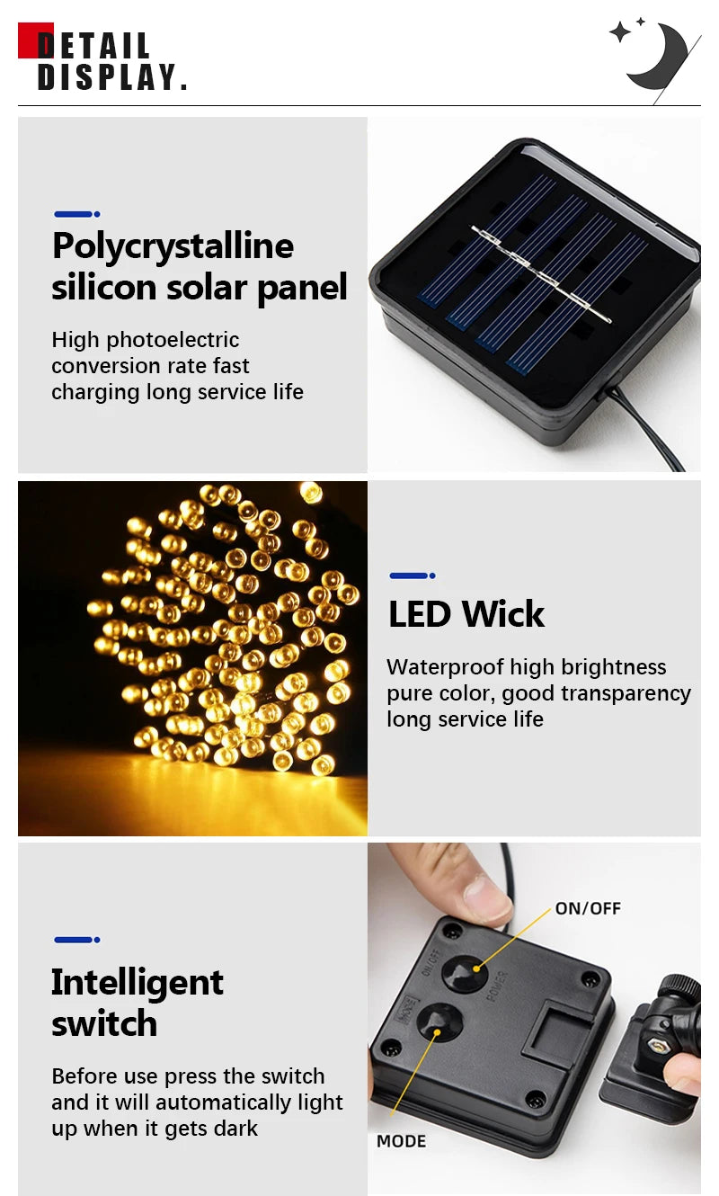 32m 22m 12m led luzes de corda solares vários modos painéis solares natal luzes ao ar livre à prova dwaterproof água estrelado luzes de fadas de natal