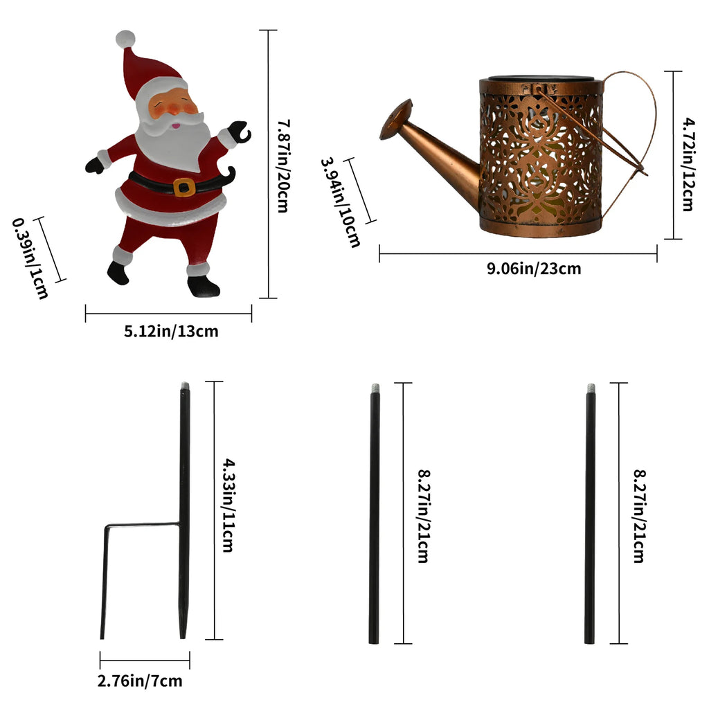 Lanterna Solar de Natal com Papai Noel para Jardim, Regador de Metal à Prova d'Água para Decoração de Quintal e Pátio