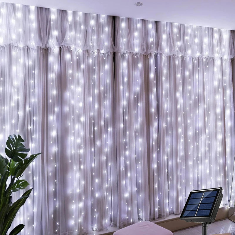 Solar led cortina de luz ao ar livre guirlanda solar fada luz da corda fio cobre lâmpadas para jardim quintal festa casamento decoração do feriado