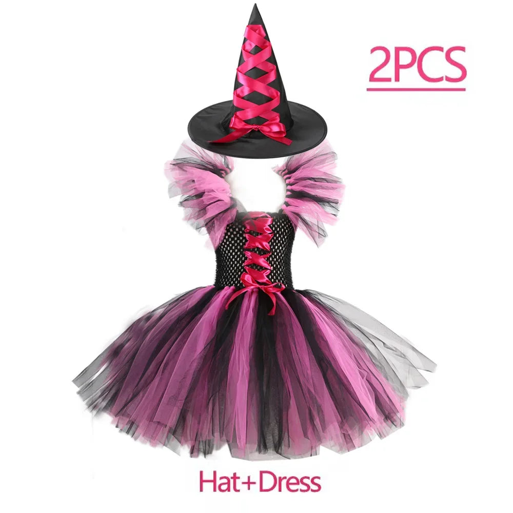 Crianças trajes de bruxa de halloween para meninas carnaval festa fantasia vestido crianças bruxas disfarce tutu roupa com vassoura chapéu