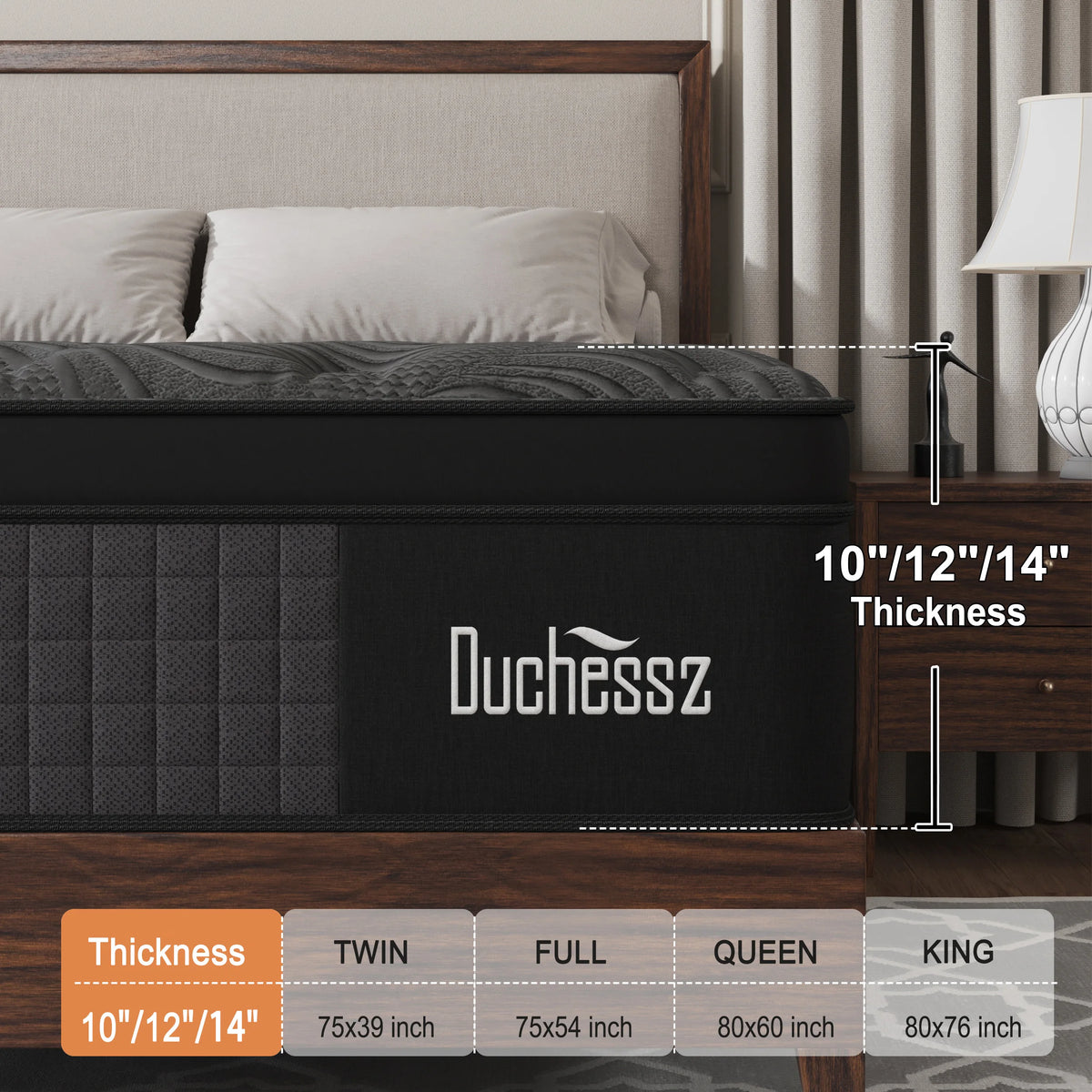 Colchão Híbrido de Espuma Gel com Molas Ensacadas de 10, 12 e 14 Polegadas, Tamanhos Twin, Full, Queen e King, em Caixa, Firmeza Média