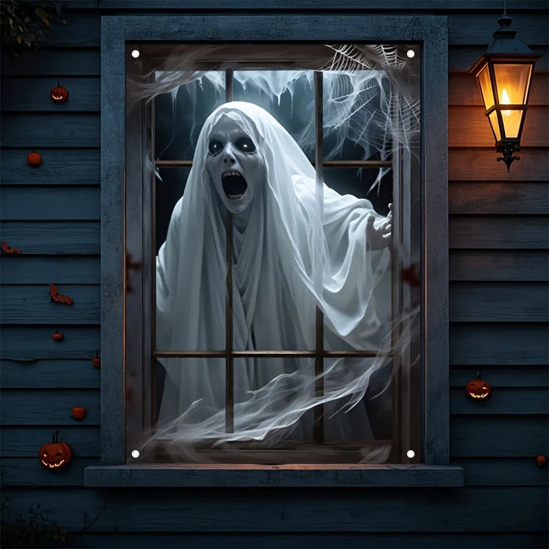 Decoração de banner para janela de Halloween, design de peça única, com padrões de fantasmas aterrorizantes, feito de tecido de poliéster.