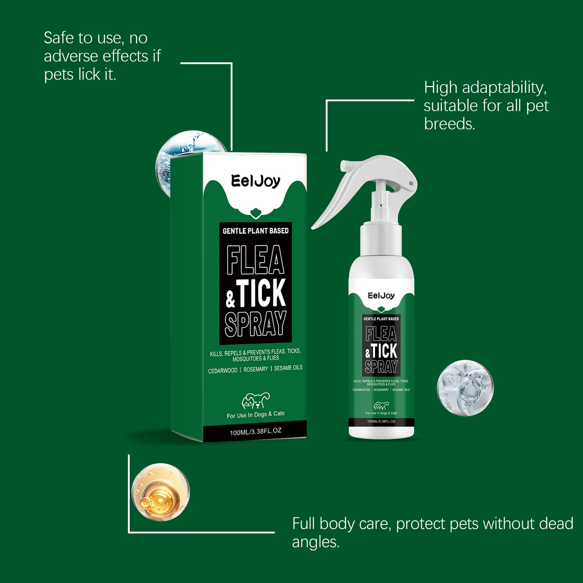 Spray Repelente de Pulgas e Carrapatos para Animais de Estimação com Extrato de Plantas para Gatos e Cães