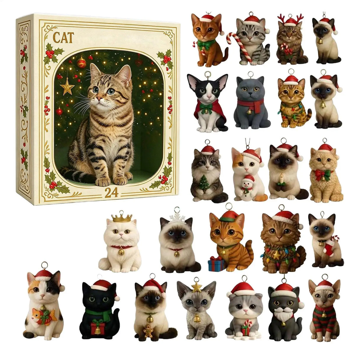 Calendário de contagem regressiva de Natal com tema de gato, 24 dias, enfeites de gato em acrílico 2D, calendário de advento, enfeite para árvore de Natal, presente colecionável.