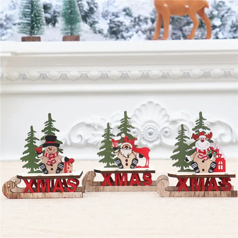 Decorações de natal de madeira diy trenó esqui dos desenhos animados santa ornamento de mesa presente das crianças pequeno presente