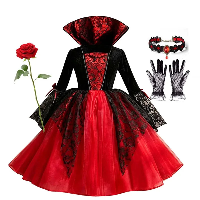 Fantasia de Halloween para Meninas: Cosplay Gótico de Noiva Fantasma, Bruxa, Vampira, Vestido Tutu Vermelho e Preto, Peruca, Véu, Kits para Festas de Halloween