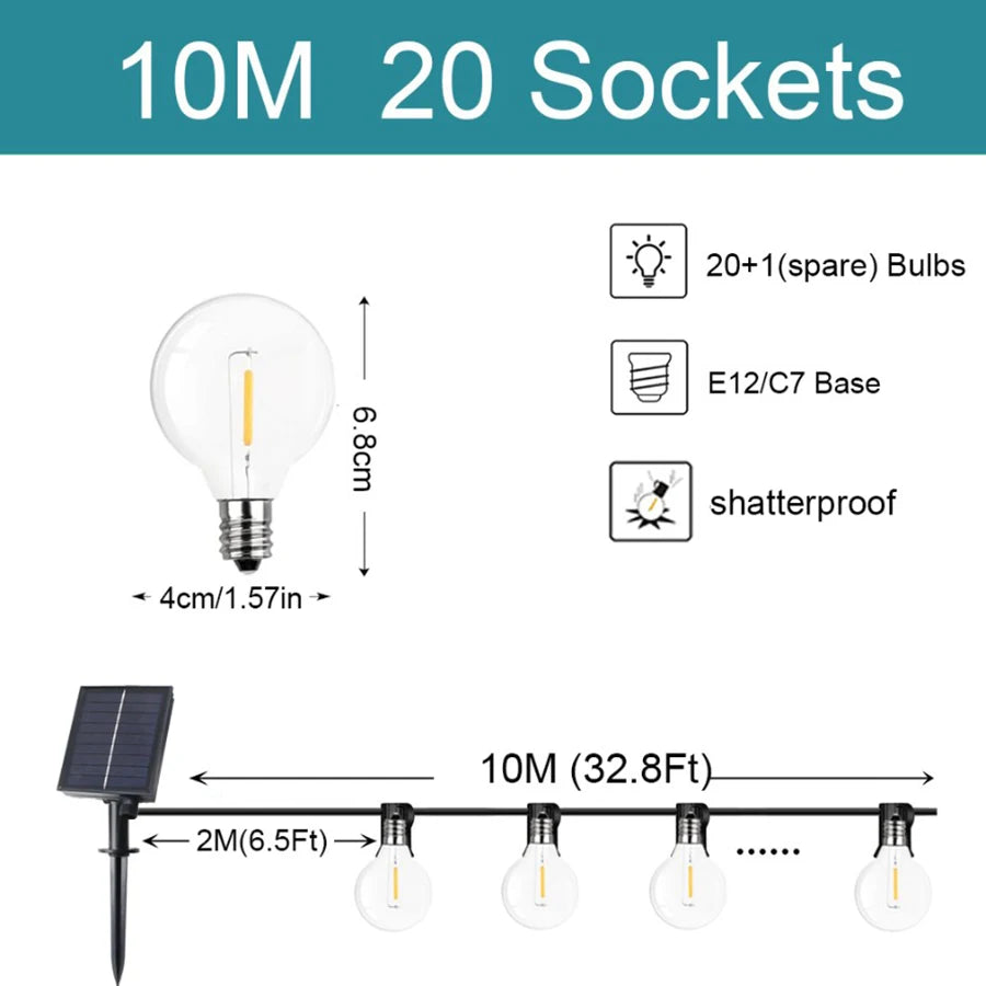 G40 luzes da corda solar festão led pátio lâmpadas corda solar ao ar livre para festa de jardim de natal casamento terraço decoração