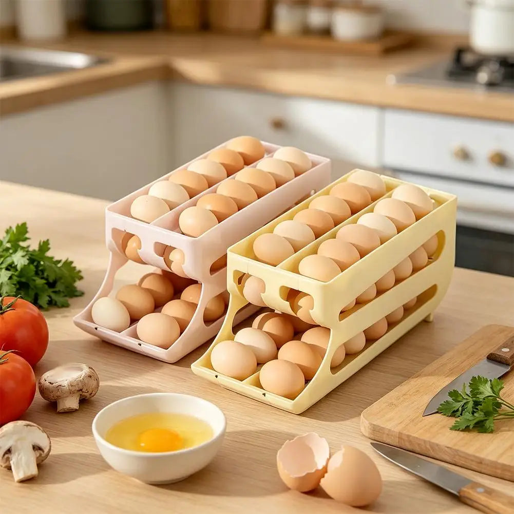Organizador de ovos com rolagem automática para cozinha, dispensador de ovos de plástico, rack de armazenamento, suporte de ovos que economiza espaço para uso na geladeira, acessórios de cozinha