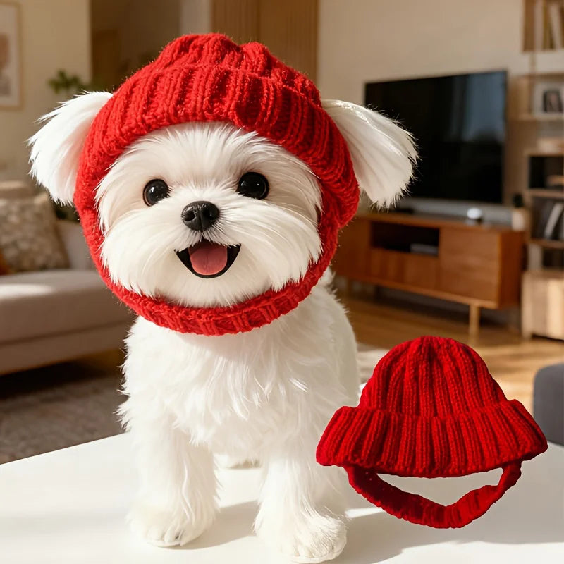 Chapéu de malha para animais de estimação, gorro vermelho quente para cachorro com buracos para orelha, chapéu festivo de inverno para animais de estimação, cães pequenos e médios, chapéu de ano novo, presente