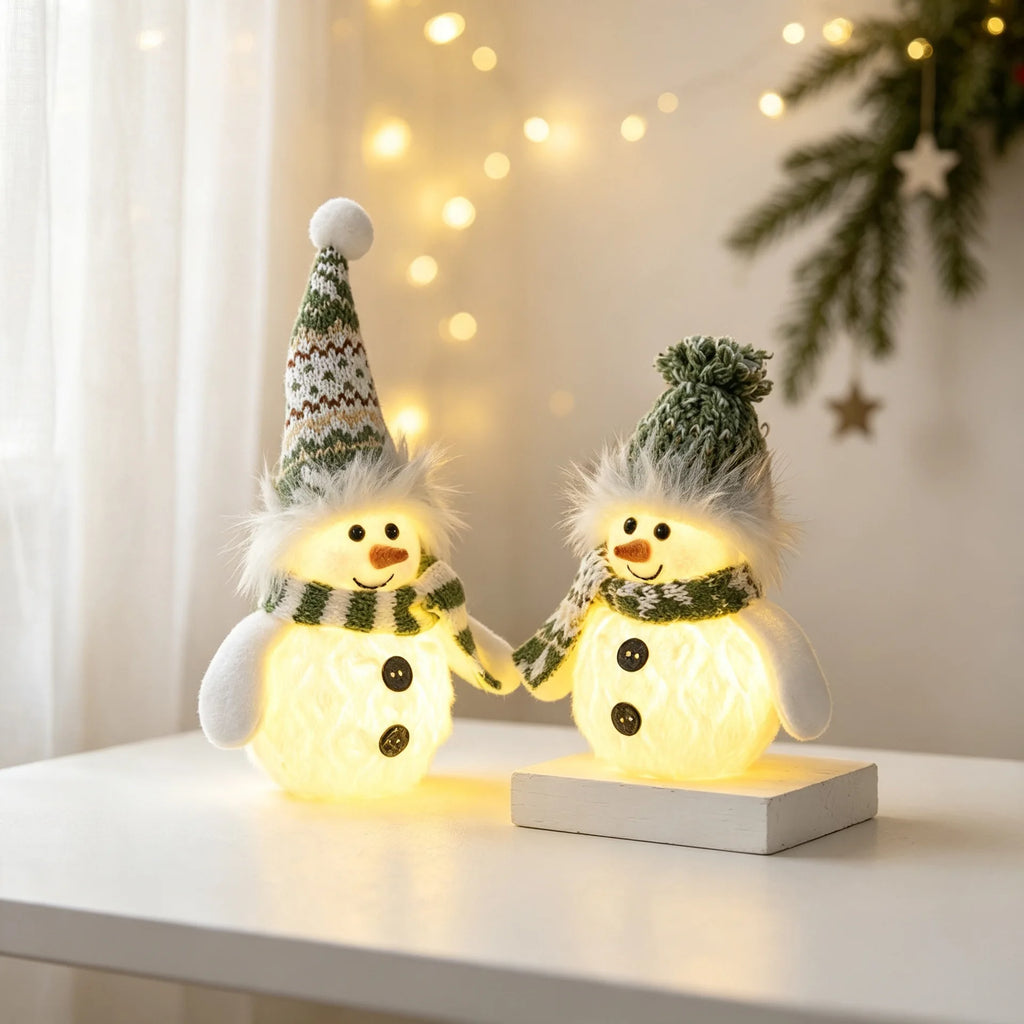 Boneco de neve de pelúcia com luzes de Natal, decoração de mesa de Natal, para uso interno, artigos para festas de Natal, presente.