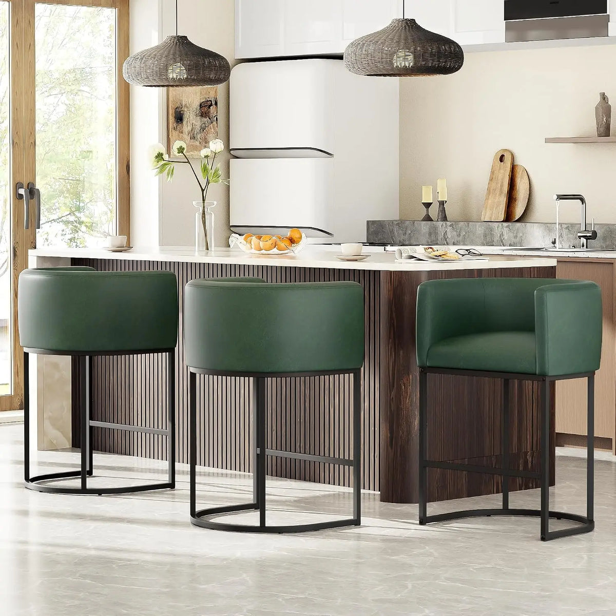 Conjunto de 3 Banquetas de Bar em Linho com 26'' de Altura, Design Moderno com Encosto e Braços, Personalizável