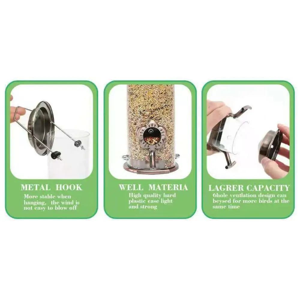 Alimentador de pássaros de metal, suprimentos para animais de estimação, à prova d'água, transparente, dispensador de comida para pássaros, automático, grande capacidade, tigela de alimentação de pássaros, papagaio