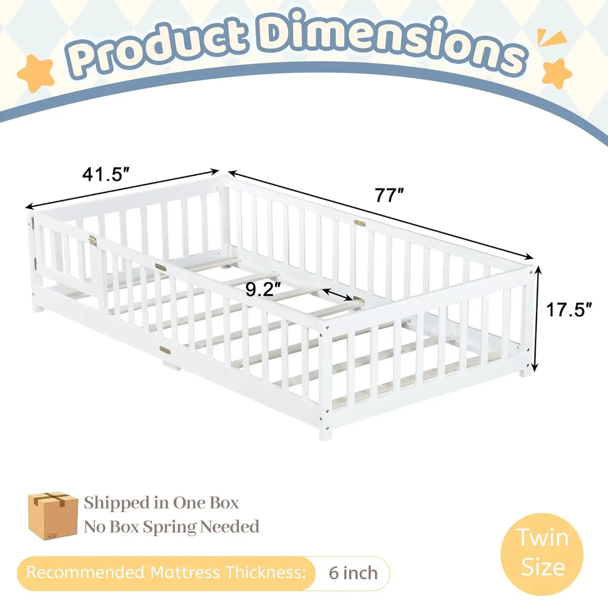 Cama de chão de tamanho duplo com ripas e porta, estrutura de cama de chão Montessori com trilhos altos, camas infantis de madeira dupla com cerca, sem caixa de mola