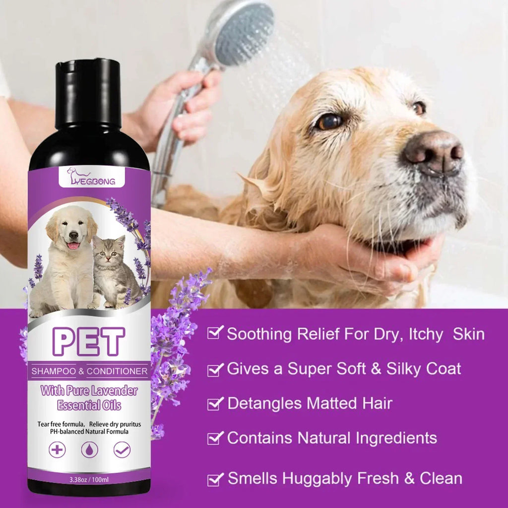 Shampoo e Condicionador para Animais de Estimação com Óleos Essenciais Puros de Lavanda, Fórmula Sem Lágrimas para Cães e Gatos, pH Balanceado, Cuidado Suave 100ml