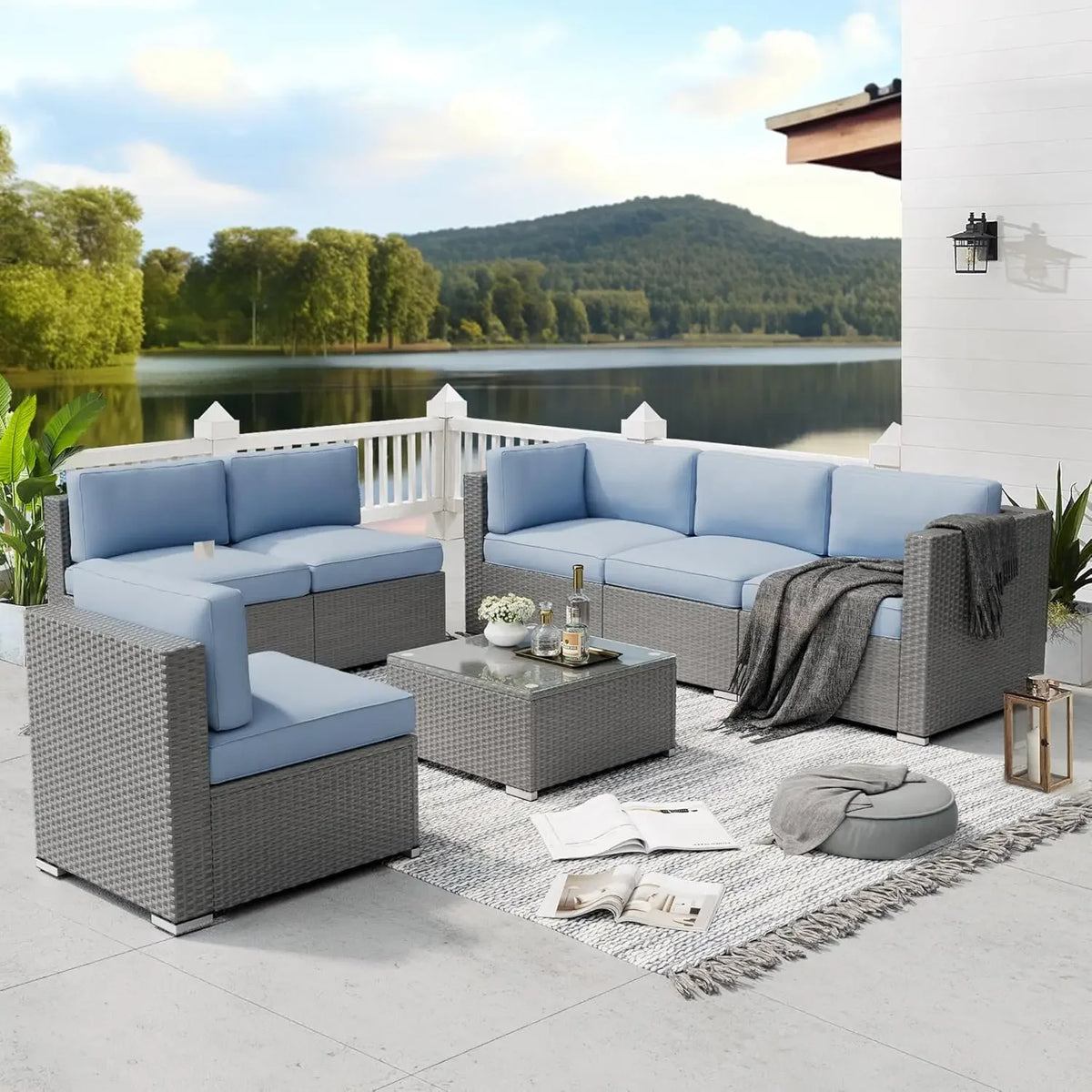 Conjunto de Móveis para Pátio Externo de 7 Peças, Sofá Seccional Cinza de Vime com Mesa de Centro, Personalizável