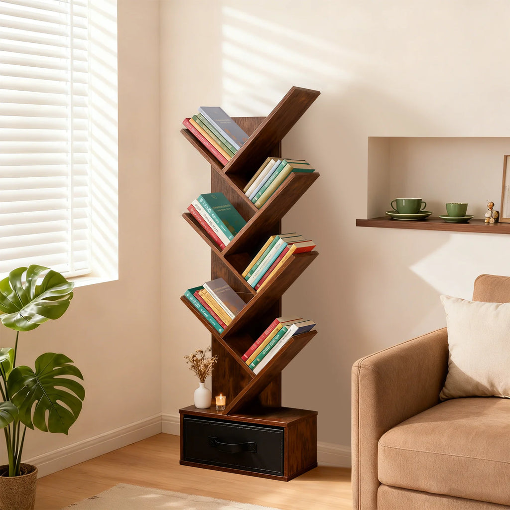 Estante de Livros Geométrica de Madeira JHK 43IN com 7 Níveis e Gaveta, Estante de Canto Fina para Casa e Pequenos Espaços