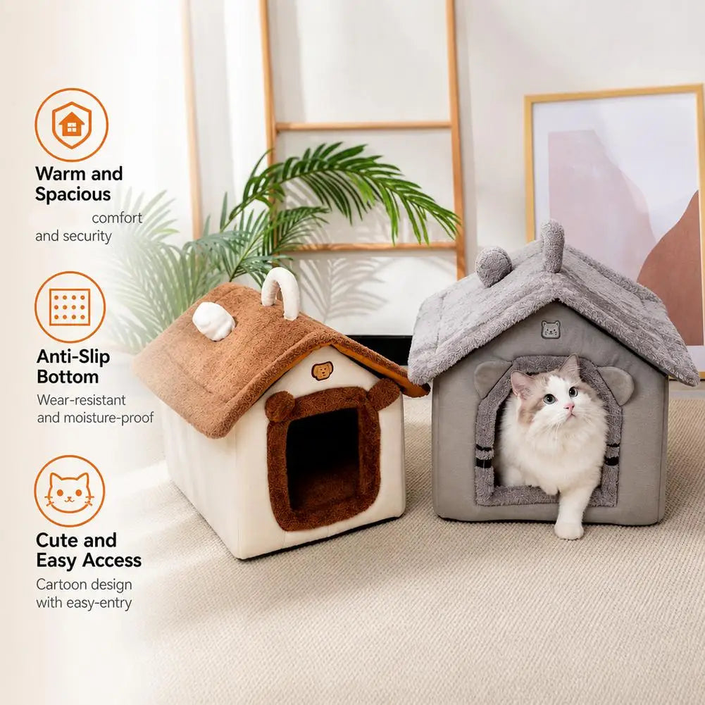 Cama para Pets Estilo Casa Fofa para Cães e Gatos Pequenos, Quente para o Inverno, Removível e Lavável, Casinha Fechada de Pelúcia, Vila para Gatos, Caverna