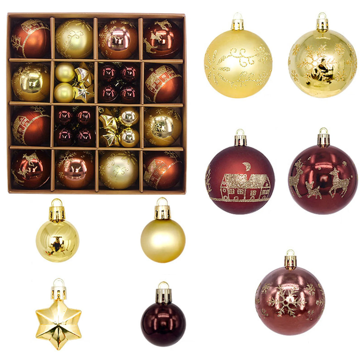 Bola de natal ornamento caixa de presente conjunto sortido azul branco floco de neve rena padrão design feriado festivo árvore pendurado decoração