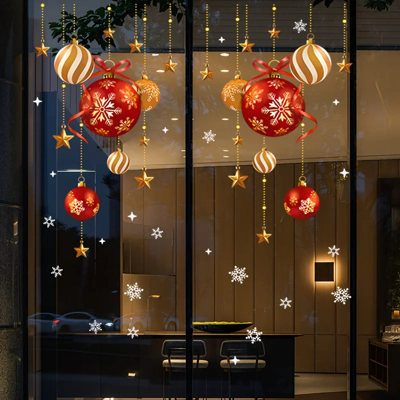 Adesivos de Natal, decoração de ambiente festivo, bolas coloridas, estrelas, flocos de neve, adesivos, adesivos decorativos para janelas de vidro.