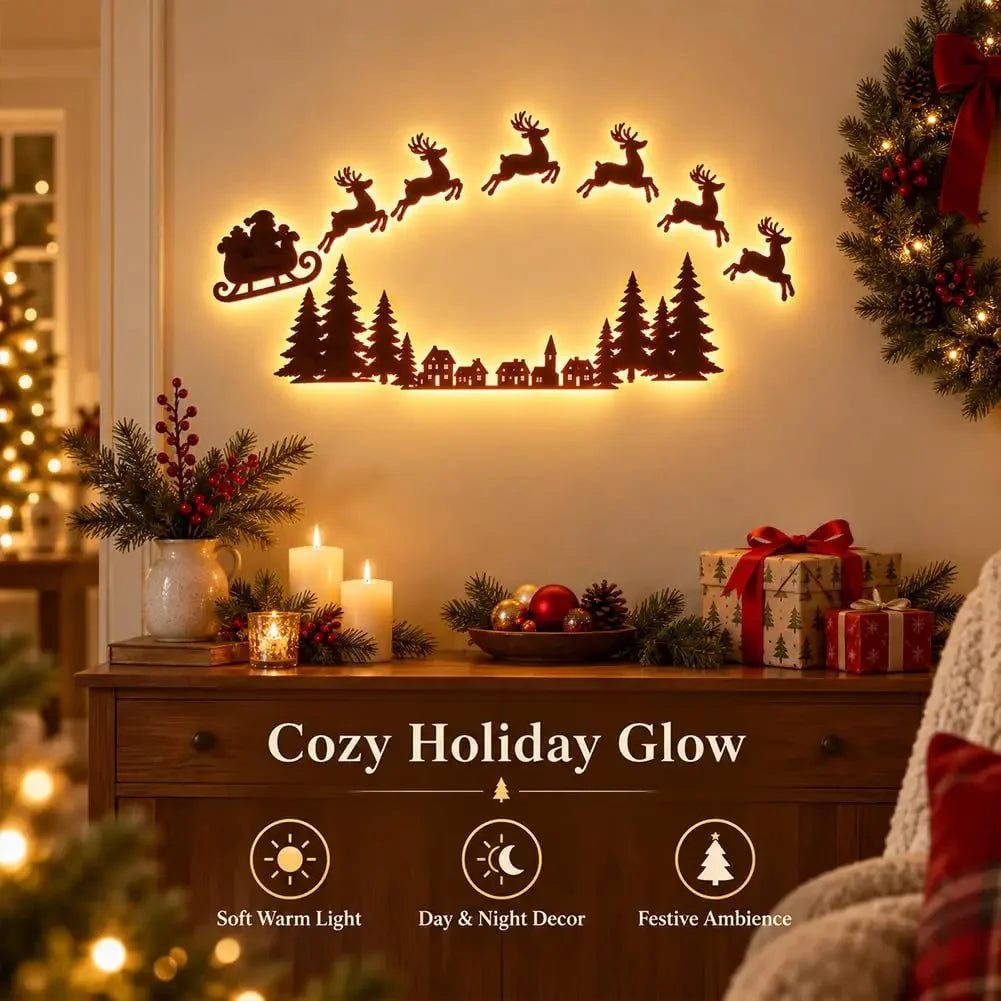 Decoração de parede natalina com luzes LED, trenó do Papai Noel, renas, árvore de pinheiro, encaixe recortado, para pendurar na moldura da porta, decoração para festas e celebrações em casa.