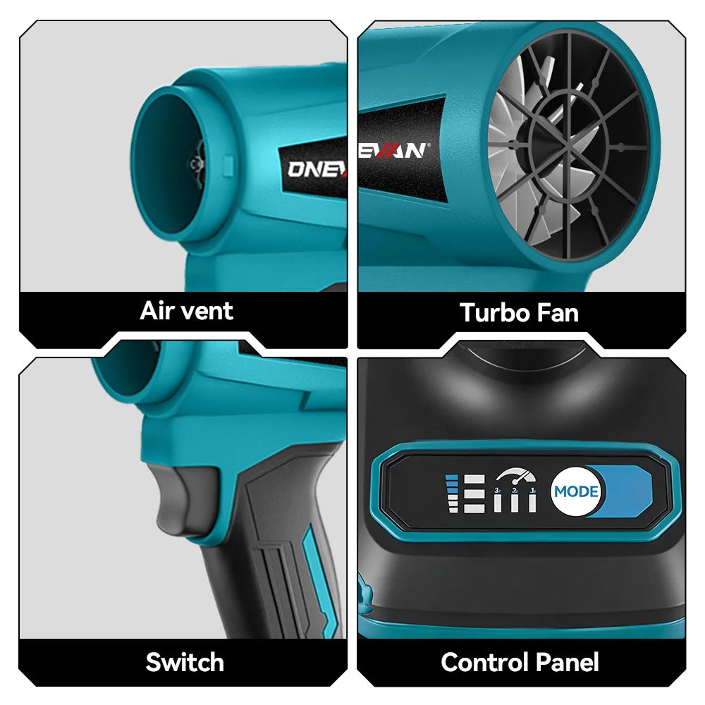 Onevan 400m/s ventilador turbo elétrico sem escova, 4000w, 300000rpm, ferramenta de sopro de poeira de folhas sem fio para makita, pino de bateria de 18v