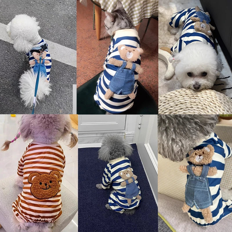 Roupas para cães de estimação listrado sorriso impressão macacões chihuahua doce pijamas filhote de cachorro gato quente pijamas outono traje para animais de estimação poodle maltes