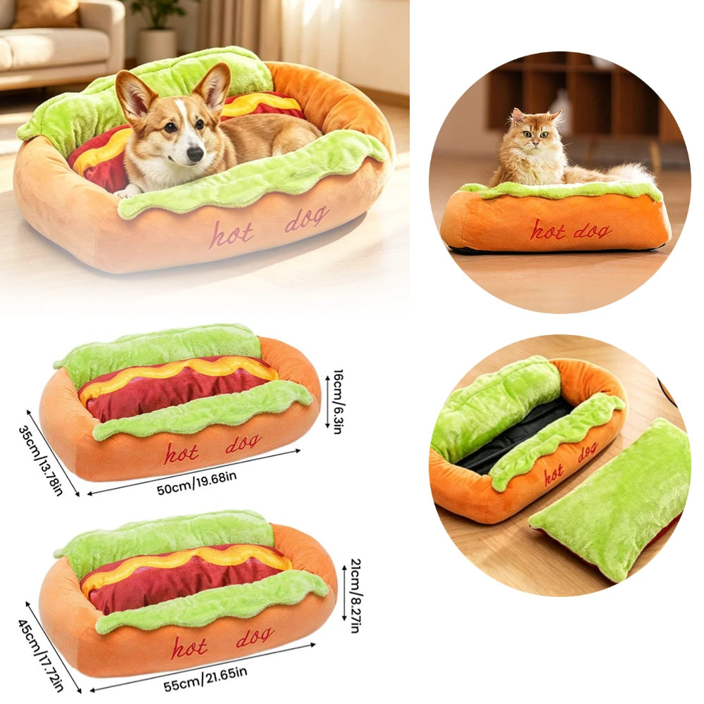 Cama para Animais de Estimação em Formato de Cachorro-Quente, Almofada Macia de Fibra para Cães e Gatos, Casa Quente para Filhotes, Camas Removíveis e Laváveis para Cães e Gatos