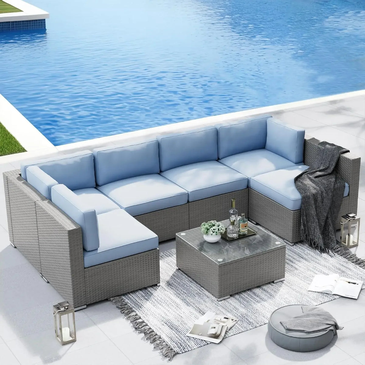 Conjunto de Móveis para Pátio Externo de 7 Peças, Sofá Seccional Cinza de Vime com Mesa de Centro, Personalizável