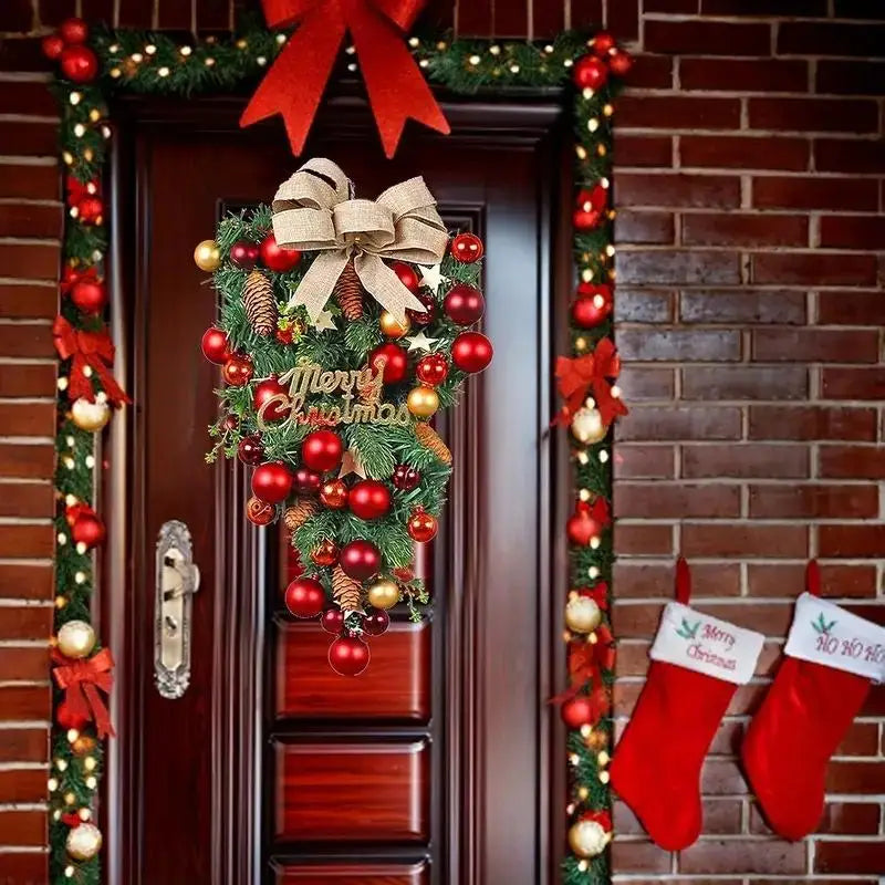 Bolas de decoração de natal, enfeites de árvore de cabeça para baixo, decorações criativas de exibição de janela, suspensão de porta de videira com arco