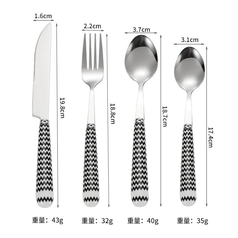 Conjunto de Talheres Retrô Coreano de Aço Inoxidável com Pontos, 4 Peças, Garfo de Bife e Colher de Manteiga, Conjunto de Talheres Domésticos para Jantar