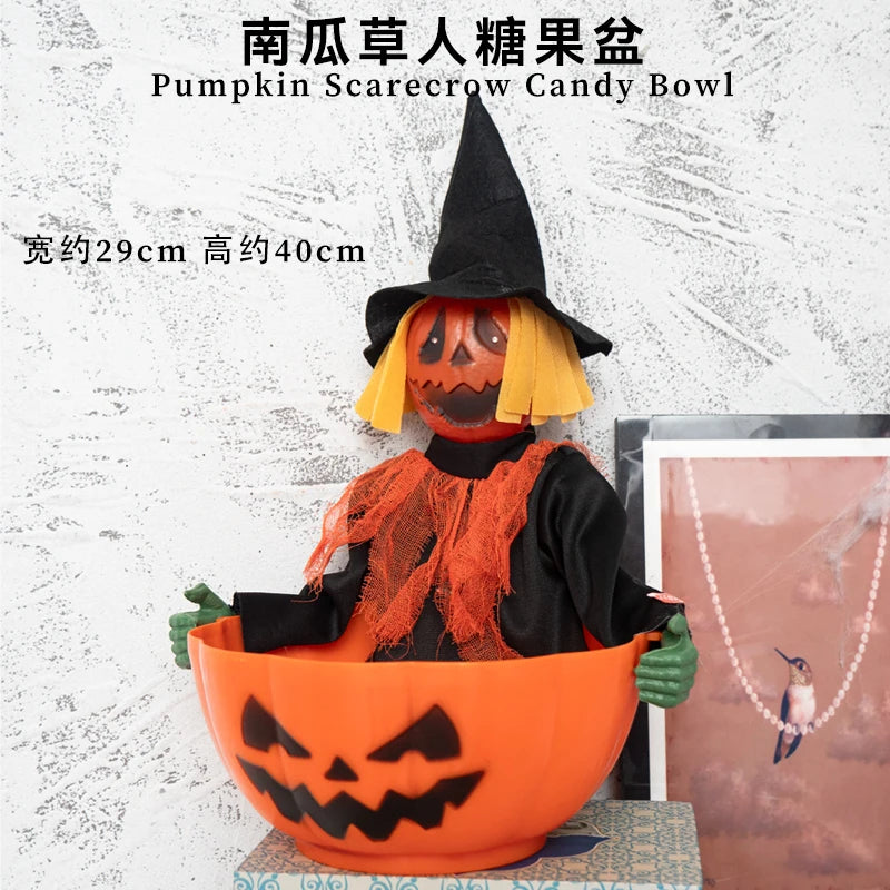 Decoração de cena de Halloween: balde de abóbora, prato de doces engraçado, adereços, enfeites, decorações de atmosfera de evento, decoração de bar