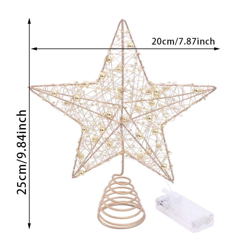 Estrela de Natal para Árvore com Luzes de Fio de Pérola Dourada e Prateada, Decoração de Árvore de Natal, Decoração de Casa para o Ano Novo, Enfeites de Natal.