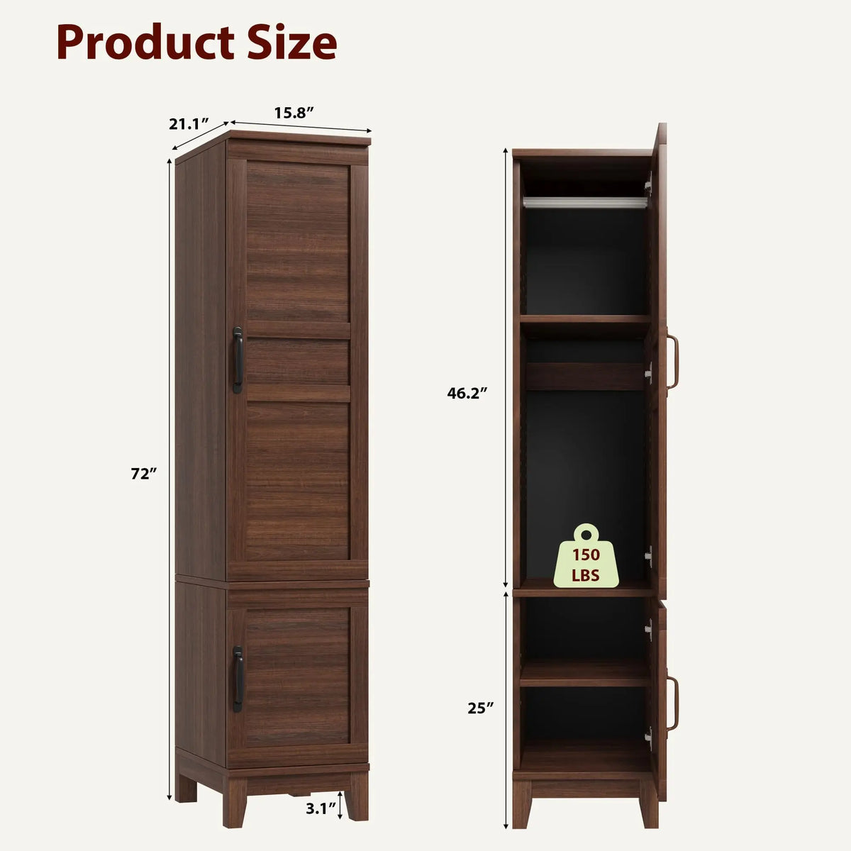 Guarda-roupa de madeira de 183 cm – 2 portas, varão para pendurar roupas, 18 prateleiras ajustáveis, organizador de armazenamento estreito para quarto.