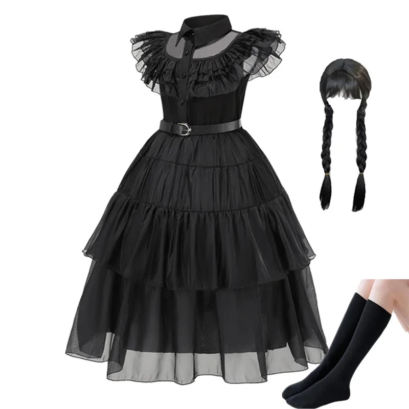 Fantasia Infantil Feminina Gótica Preta para Halloween, Carnaval e Cosplay de Personagem de Filme