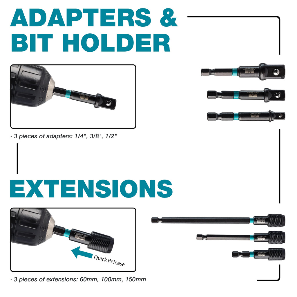 Libraton 23 pçs conjunto de driver de porca magnética conjunto de broca de impacto métrico sae porca driver impacto soquete adaptadores bit titular