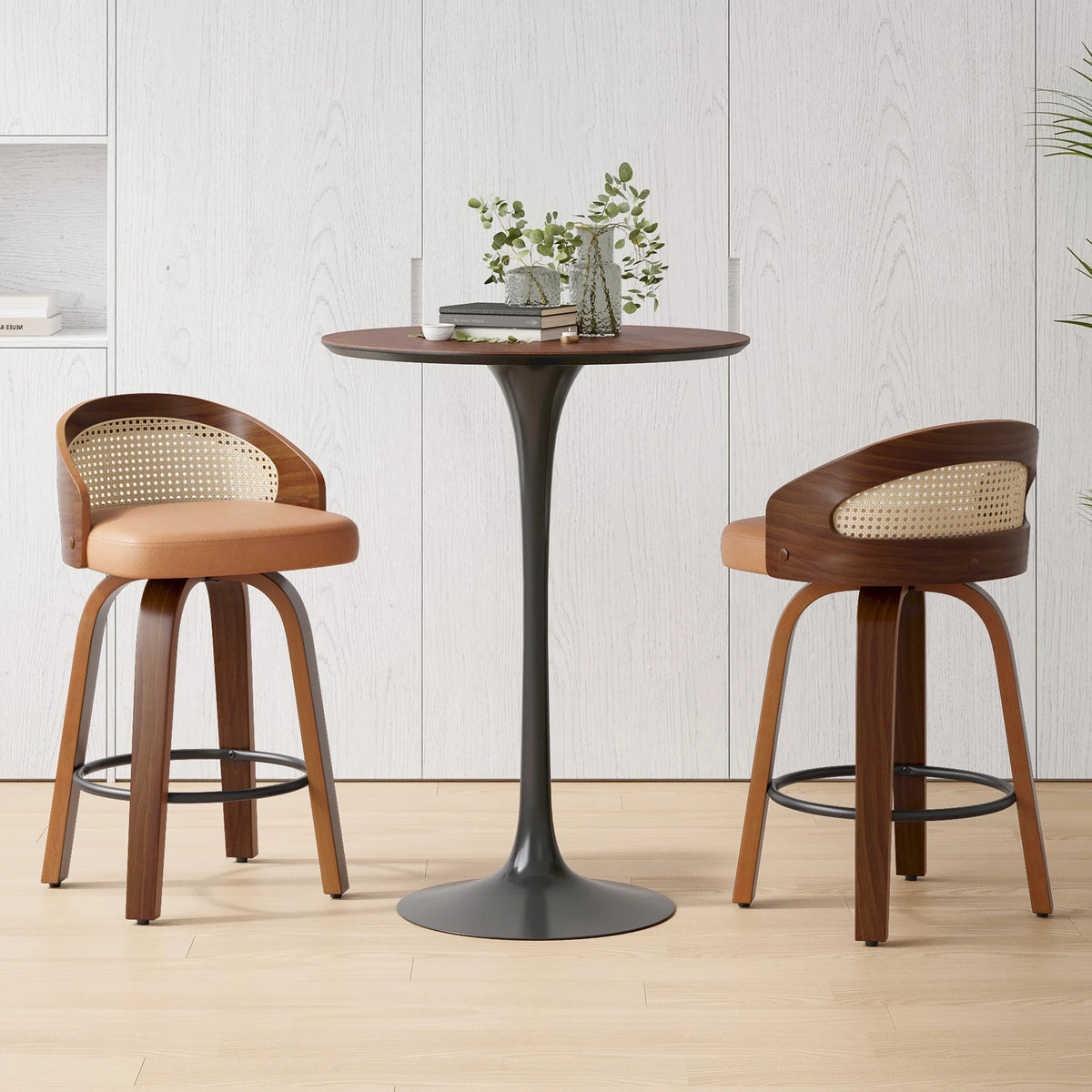 Conjunto de 2 Banquetas Giratórias, Estrutura Moderna em Madeira com Encosto de Rattan, Assento em Couro PU para Balcão de Cozinha, Mesa de Bar