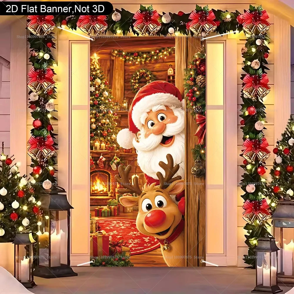 Capa de Porta de Natal com Design de Papai Noel, Rena, Árvore de Natal e Boneco de Neve, Banner Fotográfico, Decorações de Férias de Inverno, Capa de Porta Feliz Natal