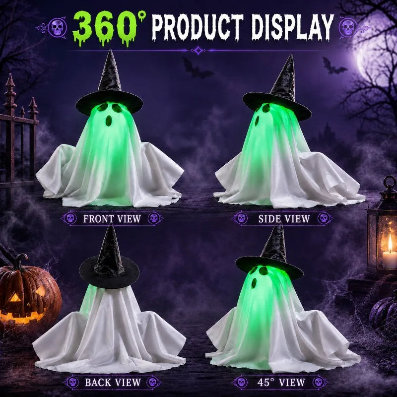 Decoração de Halloween Fantasma Iluminado com Chapéu de Bruxa, Rosto Verde Brilhante com Efeito Sonoro Assustador, Enfeite de Mesa para Festa de Casa Assombrada
