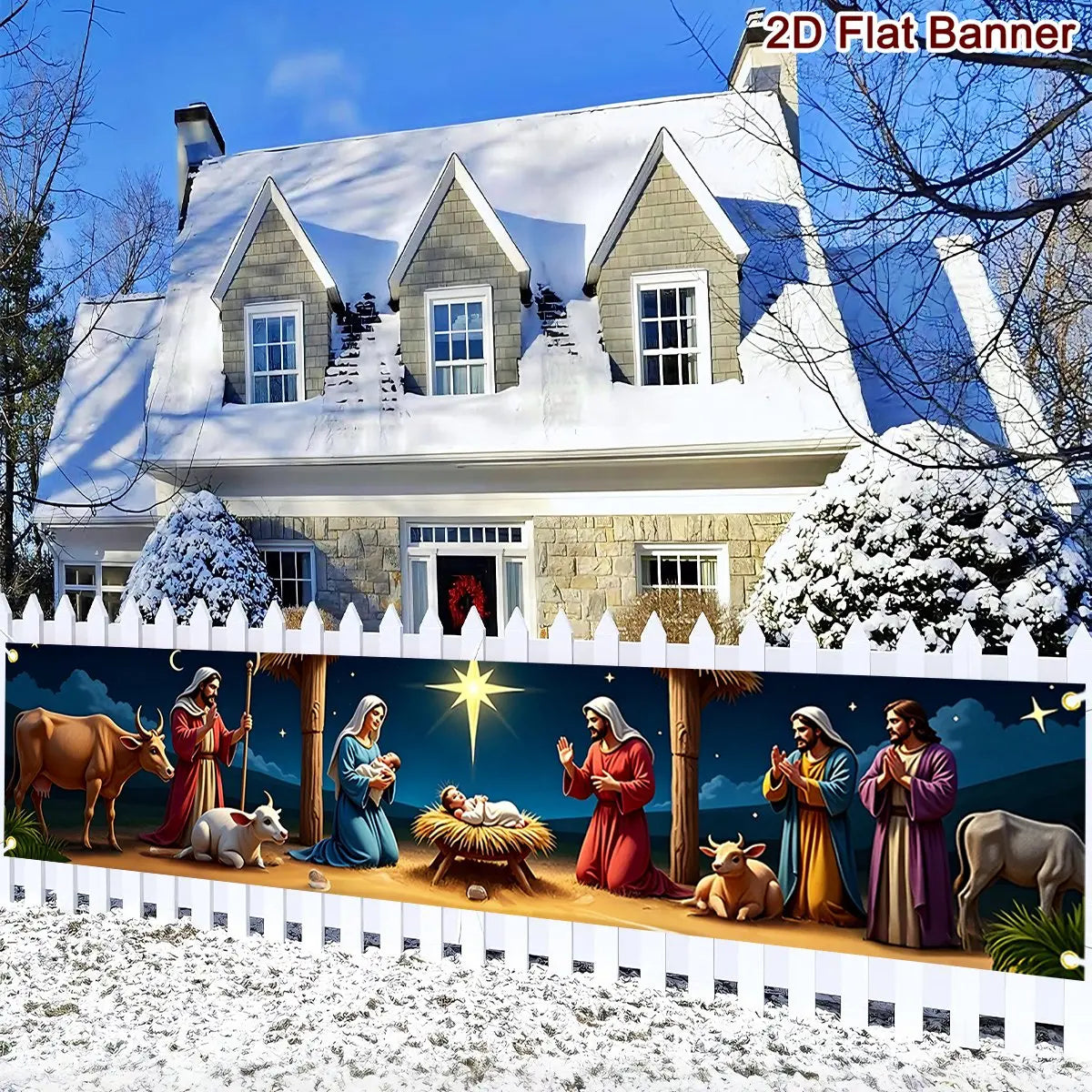 Banner de Cena de Natividade de Natal 200*40cm, Fundo de Poliéster para Decoração de Festa em Casa, Interior e Exterior, Decorações de Natal 2026