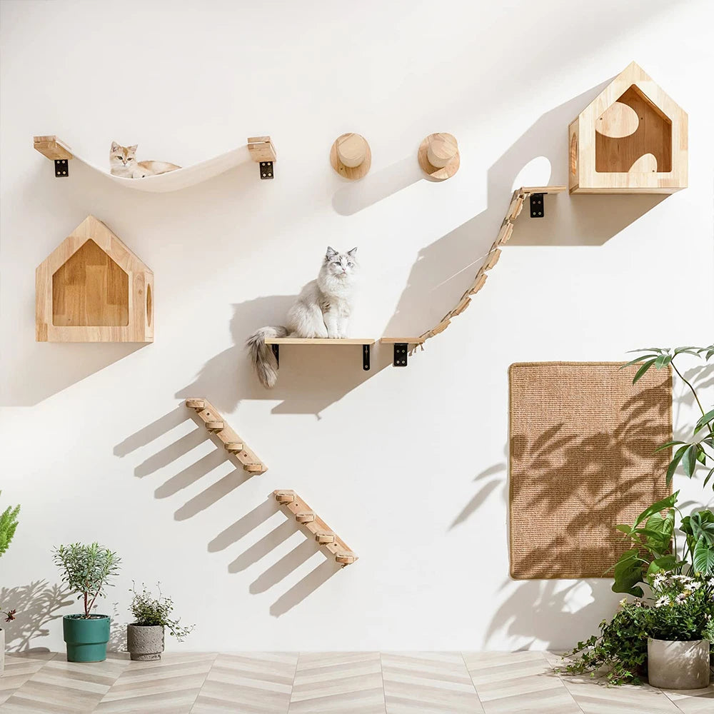 1pcCat Coçar Escalada Post Wall-montado Cat Hammock Bed Pet Móveis Kitten Wall Shelf Set Cat Perch Madeira Cat Tree House