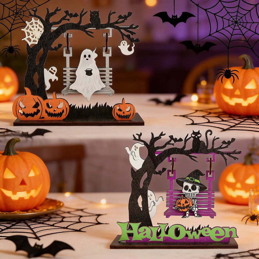 Enfeite de Mesa de Madeira para Halloween, Decoração de Mesa com Esqueleto e Abóbora Coloridos para Festa de Halloween e Decoração de Mesa em Casa - Kasa & Pet