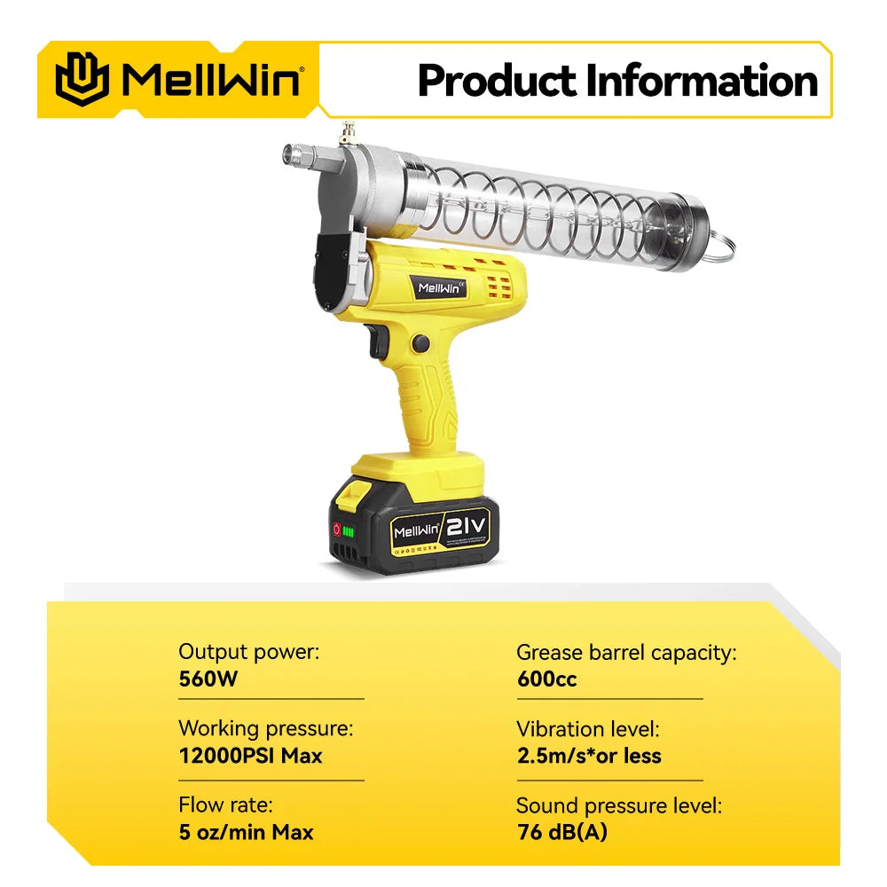 MELLWIN 12000PSL Máquina de Graxa Elétrica Sem Fio de Alta Pressão para Manutenção Automotiva, Ferramenta de Lubrificação a Óleo para Bateria Makita 18V